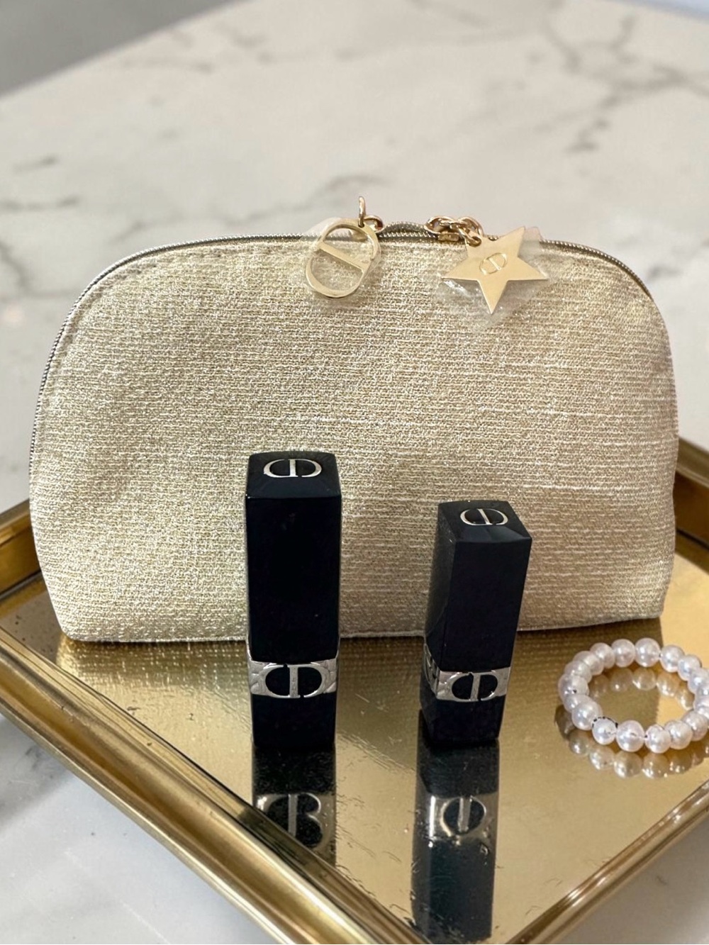 DIOR Gold Metallic Luxury Cosmetic Bag & Travel Pouch With Star & Logo Charm - Picture 2 of 16